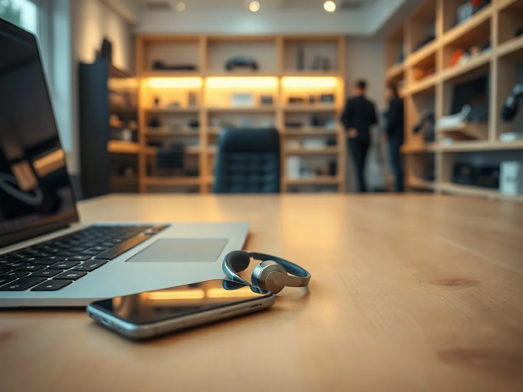 Nowoczesny laptop, smartfon i słuchawki na biurku, na tle rozmytego sklepu z elektroniką, sugerujące porównanie cen sprzętu
