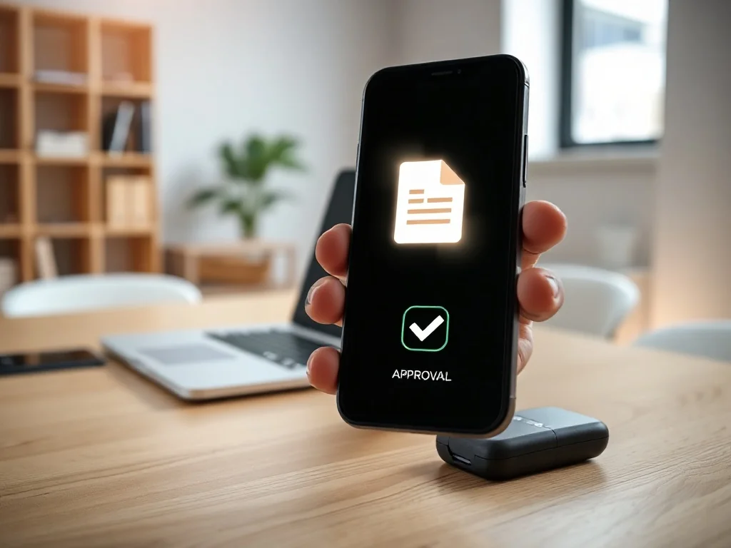 Smartfon z ikoną podpisanego dokumentu obok laptopa, symbolizujący bezpieczny elektroniczny podpis w nowoczesnym biurze.