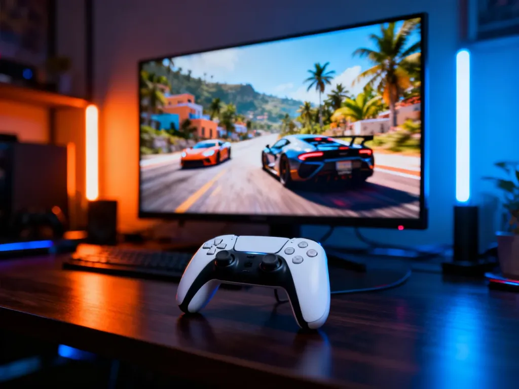 Nowoczesny kontroler na biurku przed telewizorem wyświetlającym grę wyścigową w klimacie Forza Horizon 5.