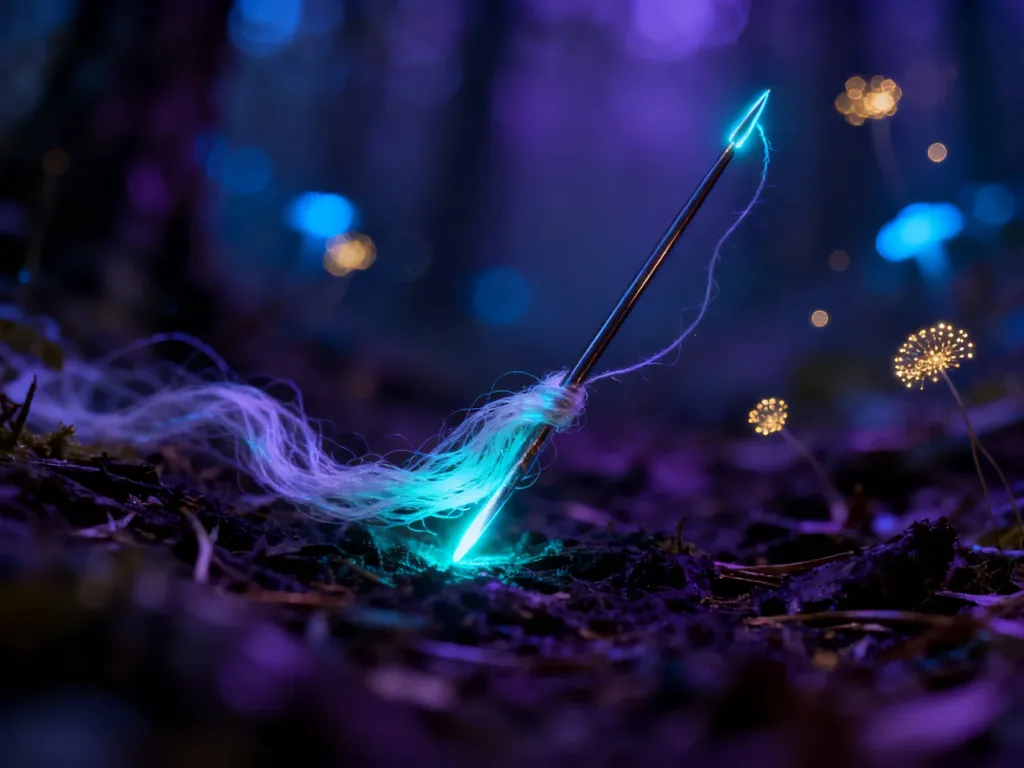 Świecąca igła z jedwabną nicią na mrocznym leśnym podłożu, nawiązująca do klimatu gry Hollow Knight: Silksong.