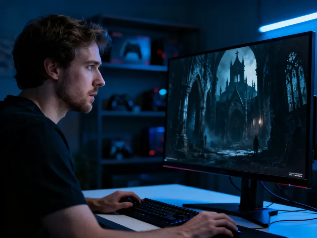 Gracz w skupieniu przechodzi mroczną grę typu survival horror na dużym monitorze w przyciemnionym pokoju.