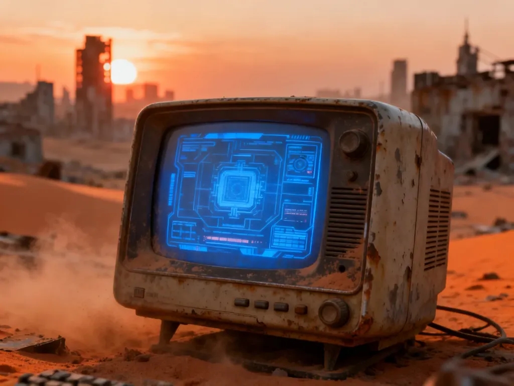 Stary monitor w stylu retro na tle postapokaliptycznego pustkowia, nawiązujący do klimatu gry Fallout: New Vegas.
