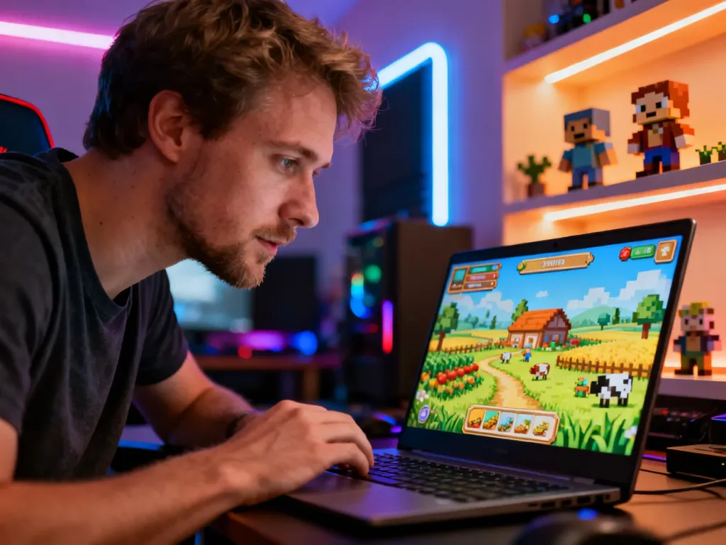 Gracz skupiony na ekranie laptopa z uruchomioną grą Stardew Valley w przytulnym, klimatycznym pokoju gamingowym.