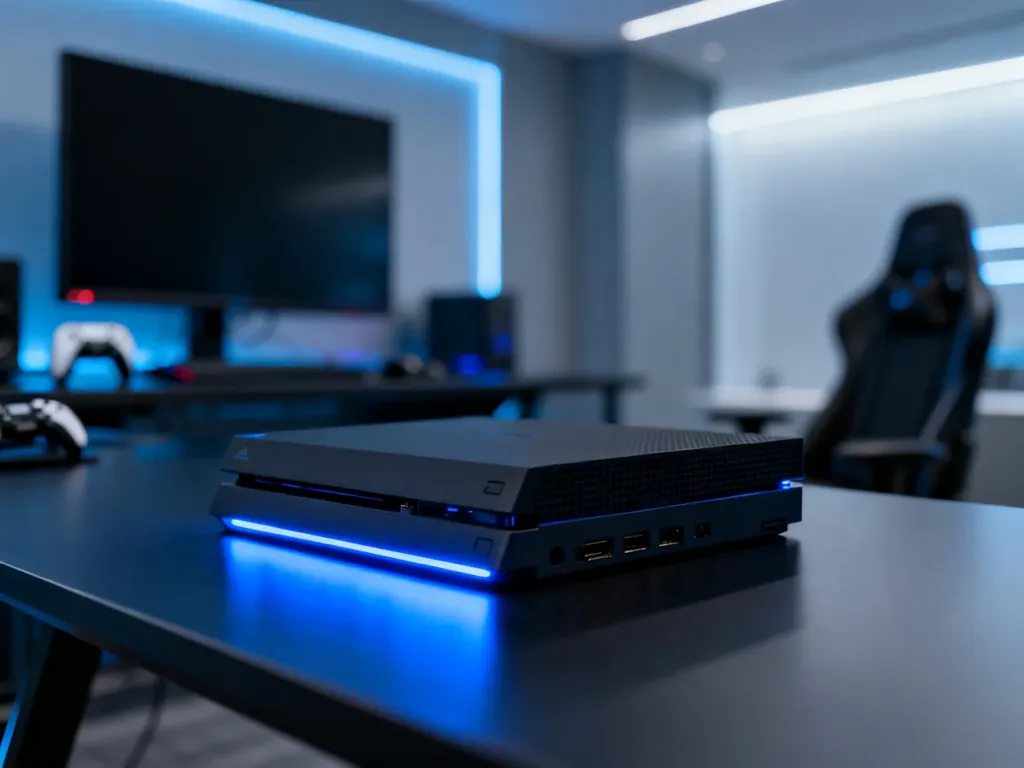Konsola PlayStation 5 Pro na nowoczesnym biurku w otoczeniu gamingowego stanowiska z niebieskim podświetleniem.