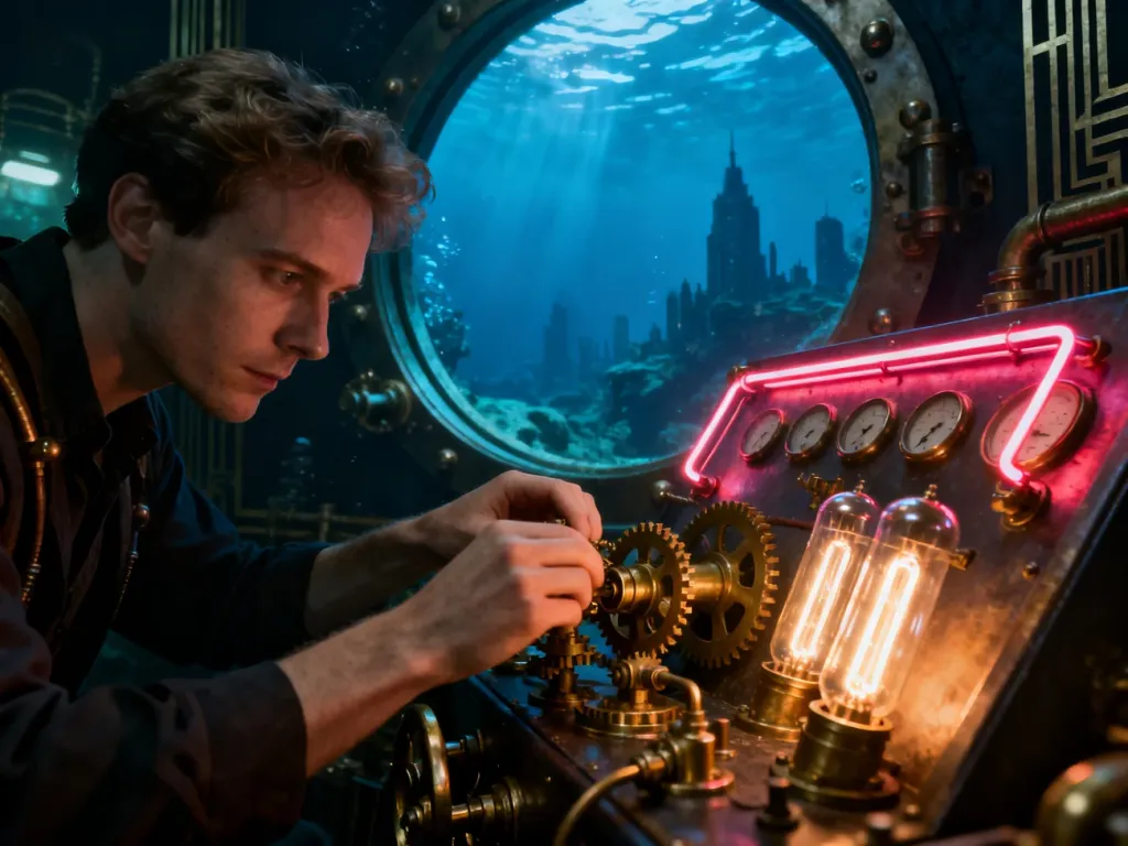 Mężczyzna w stylu steampunk naprawia podświetlany panel kontrolny w podwodnym mieście z gry BioShock.