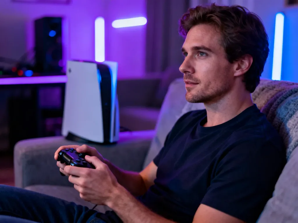 Mężczyzna grający na konsoli w przytulnym salonie z nastrojowym oświetleniem, korzystający z subskrypcji Xbox Game Pass.