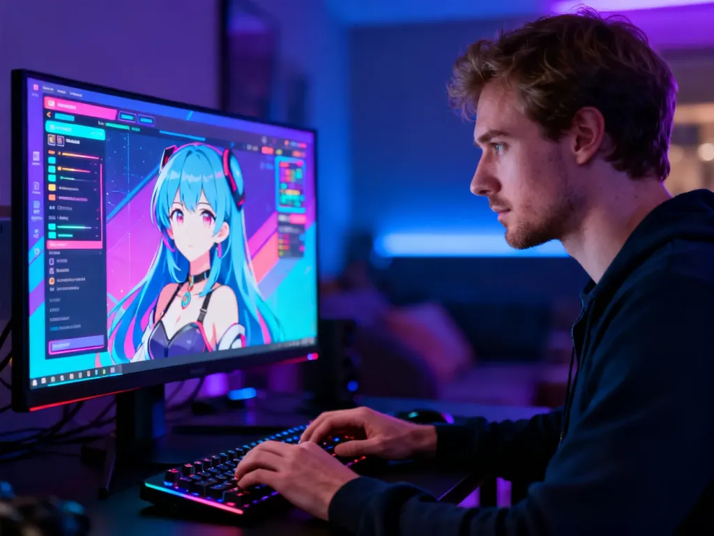 Gracz skupiony na rozgrywce przy komputerze w nastrojowo oświetlonym pokoju z grami w stylu anime na ekranie.
