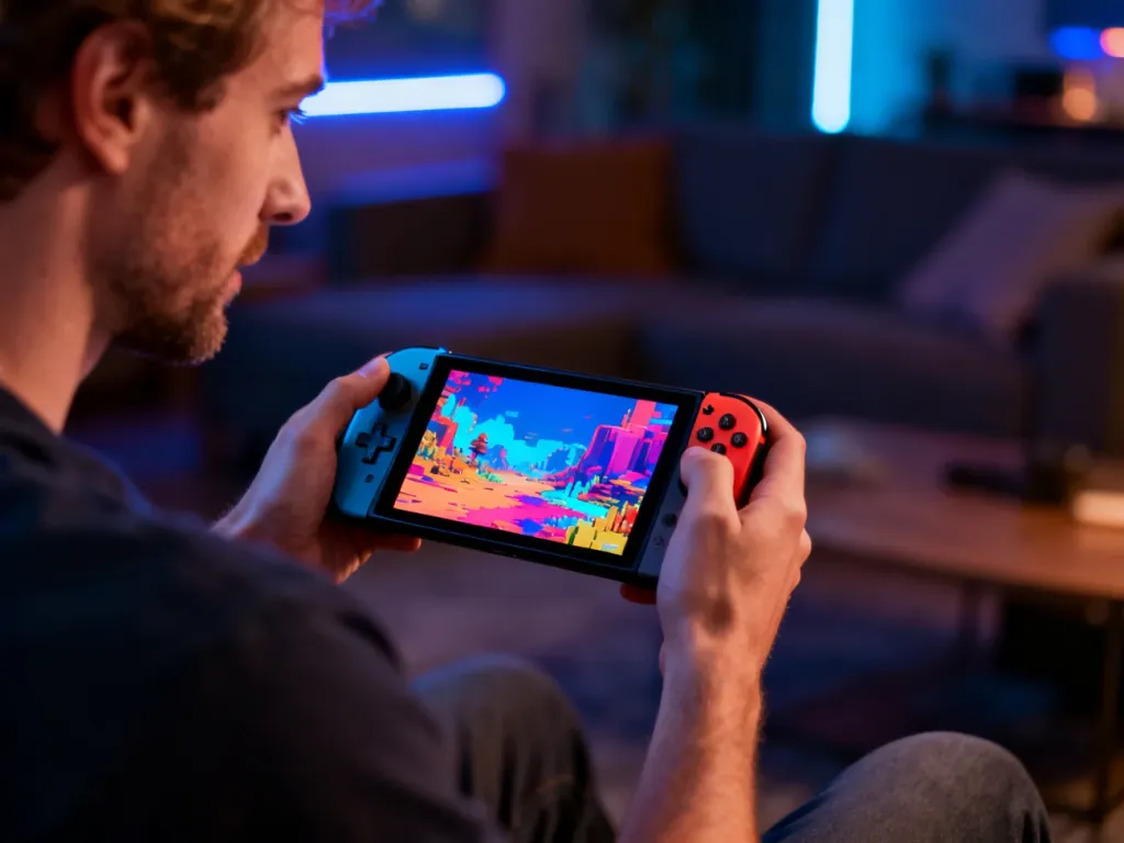 Mężczyzna trzyma konsolę Nintendo Switch OLED z kolorowym obrazem gry na ekranie w przytulnym salonie.
