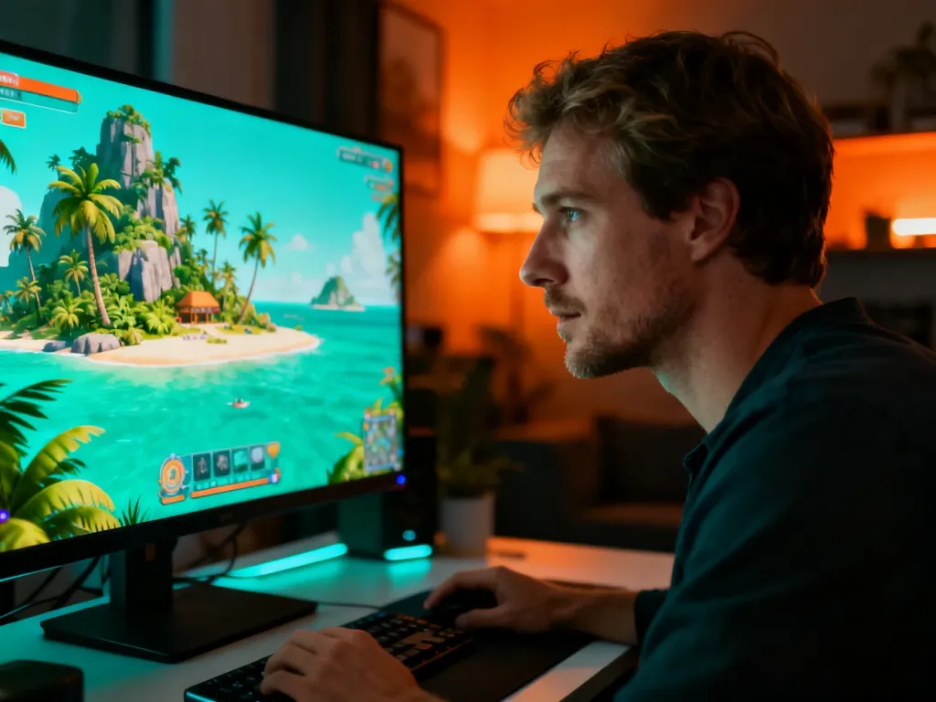 Gracz skupiony na ekranie komputera z uruchomioną grą Tropico 6 w przytulnym domowym biurze.