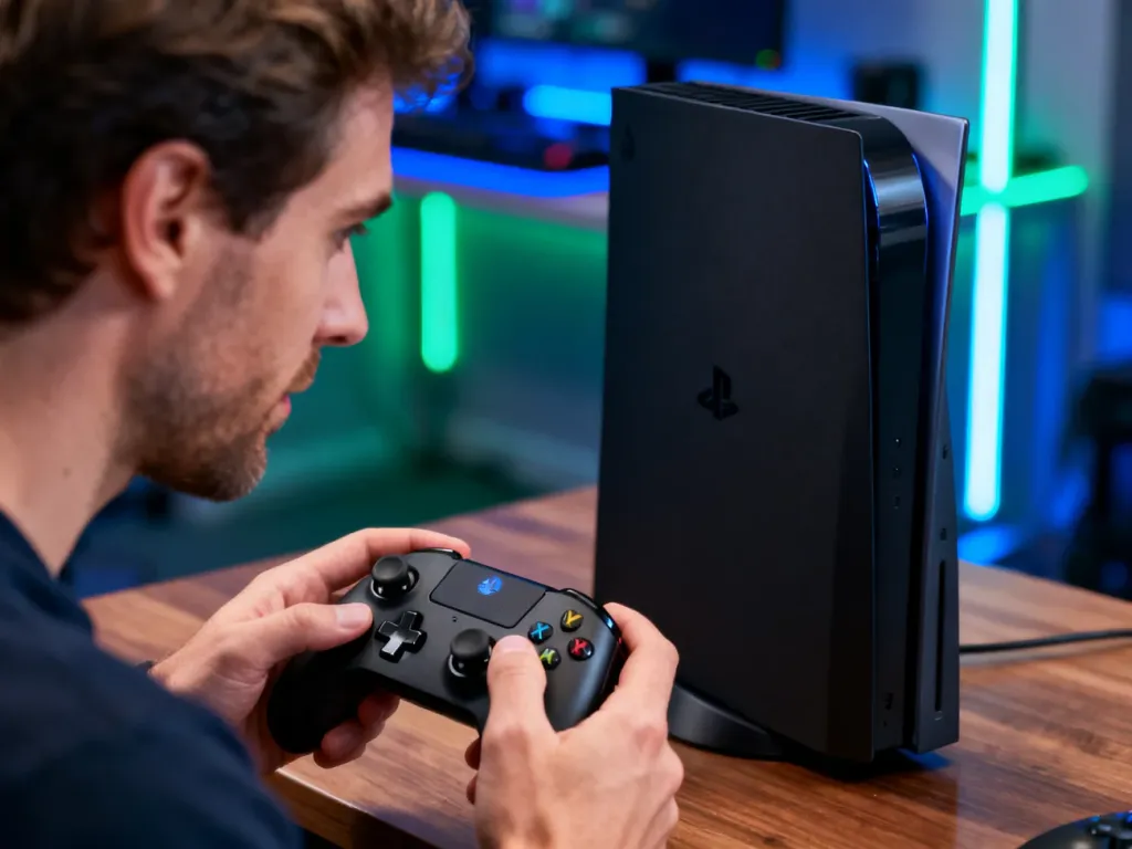 Konsola Xbox Series X stojąca na biurku obok gracza trzymającego bezprzewodowy kontroler w klimatycznym oświetleniu.