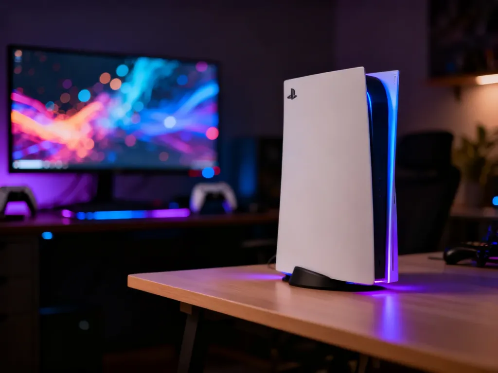 Biała konsola Xbox Series S na minimalistycznym biurku w przytulnym pokoju gracza z nastrojowym oświetleniem LED.