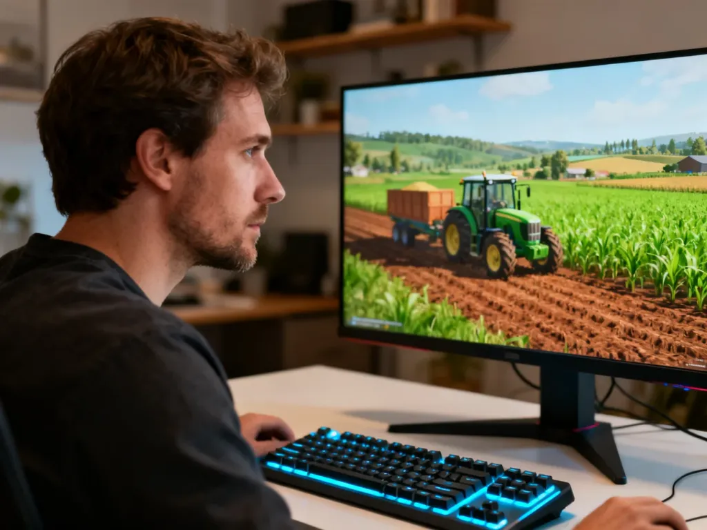 Gracz skupiony na ekranie komputera, na którym uruchomiony jest symulator rolnictwa Farming Simulator 19.