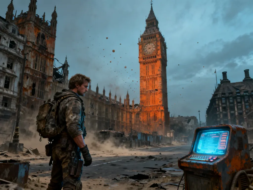 Ocalały w postapokaliptycznym Londynie stoi przed terminalem na tle ruin Big Bena, wprowadzając w klimat gry Fallout London.