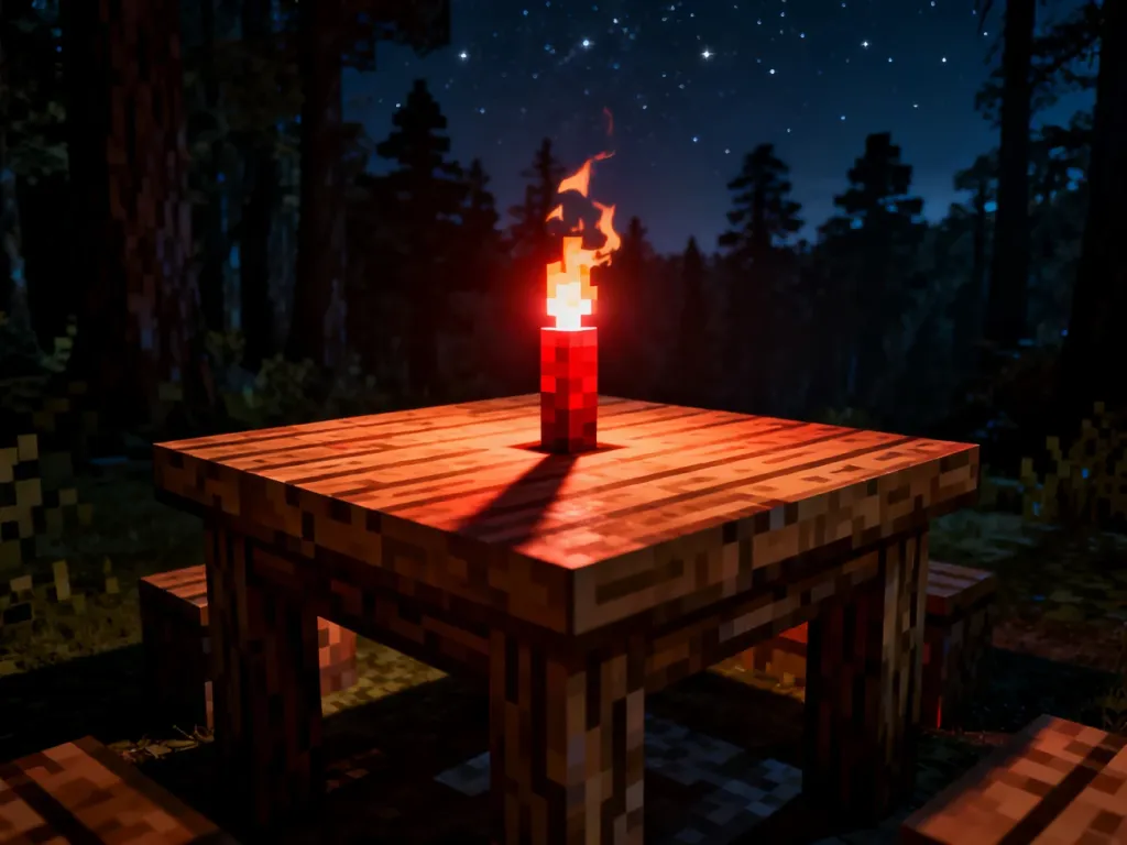 Stół rzemieślniczy z płonącą pochodnią w mrocznym lesie, symbolizujący przygotowania do przetrwania nocy w Minecrafcie.