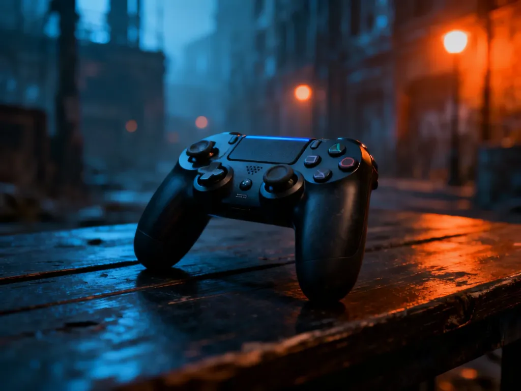 Kontroler do gier na drewnianym blacie na tle mrocznego, dystopijnego miasta w klimacie gry Dying Light 2.
