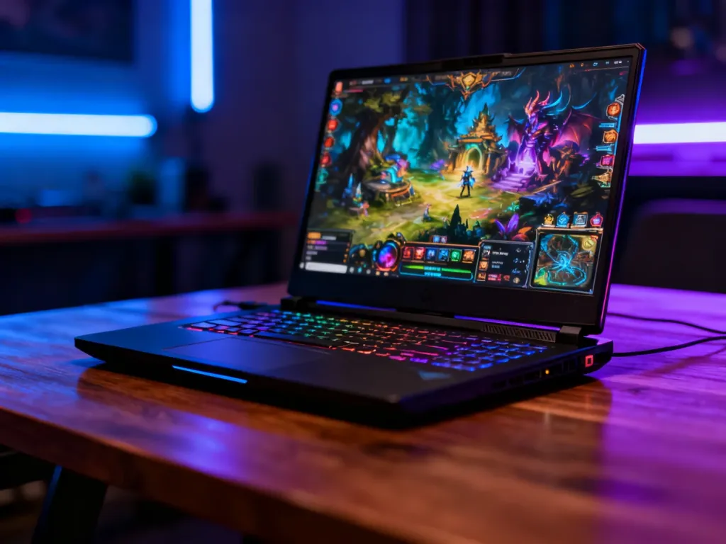 Nowoczesny laptop gamingowy z uruchomioną grą fantasy na ekranie, podkreślający wydajność sprzętu w klimatycznym oświetleniu.