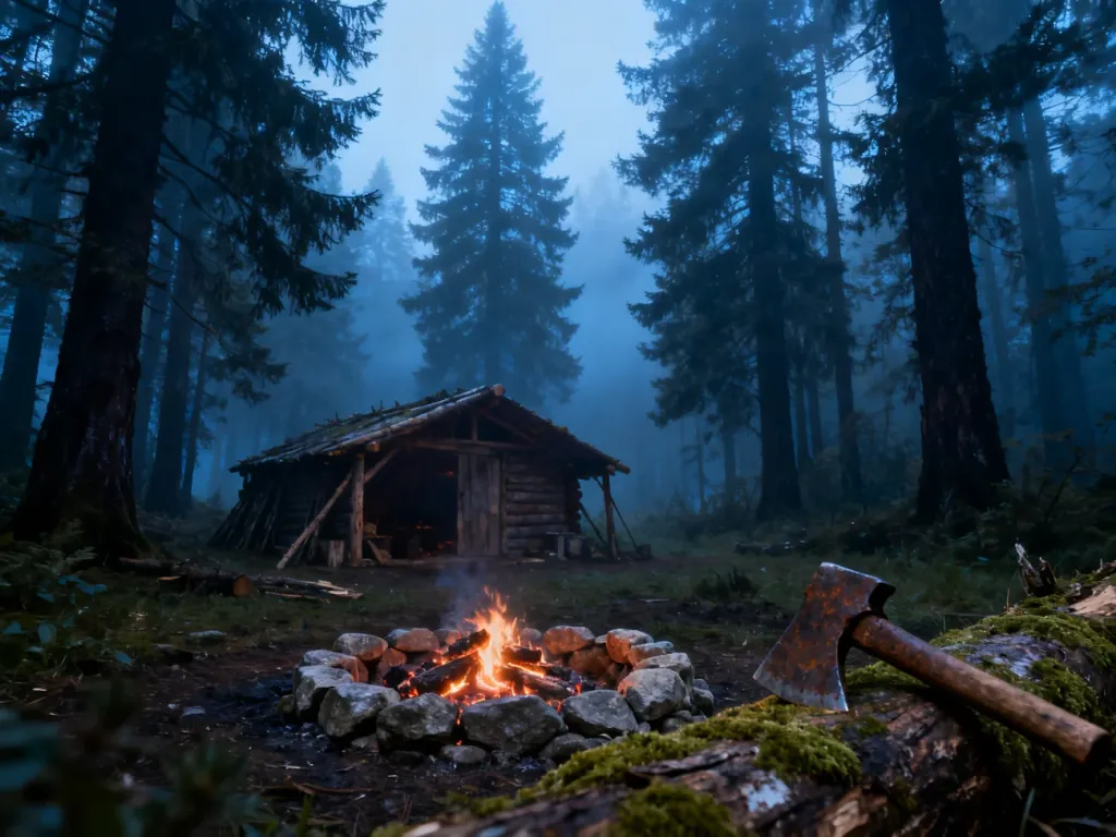 Prowizoryczne schronienie z drewna i palenisko w gęstym, mglistym lesie, symbolizujące przetrwanie w grze The Forest.