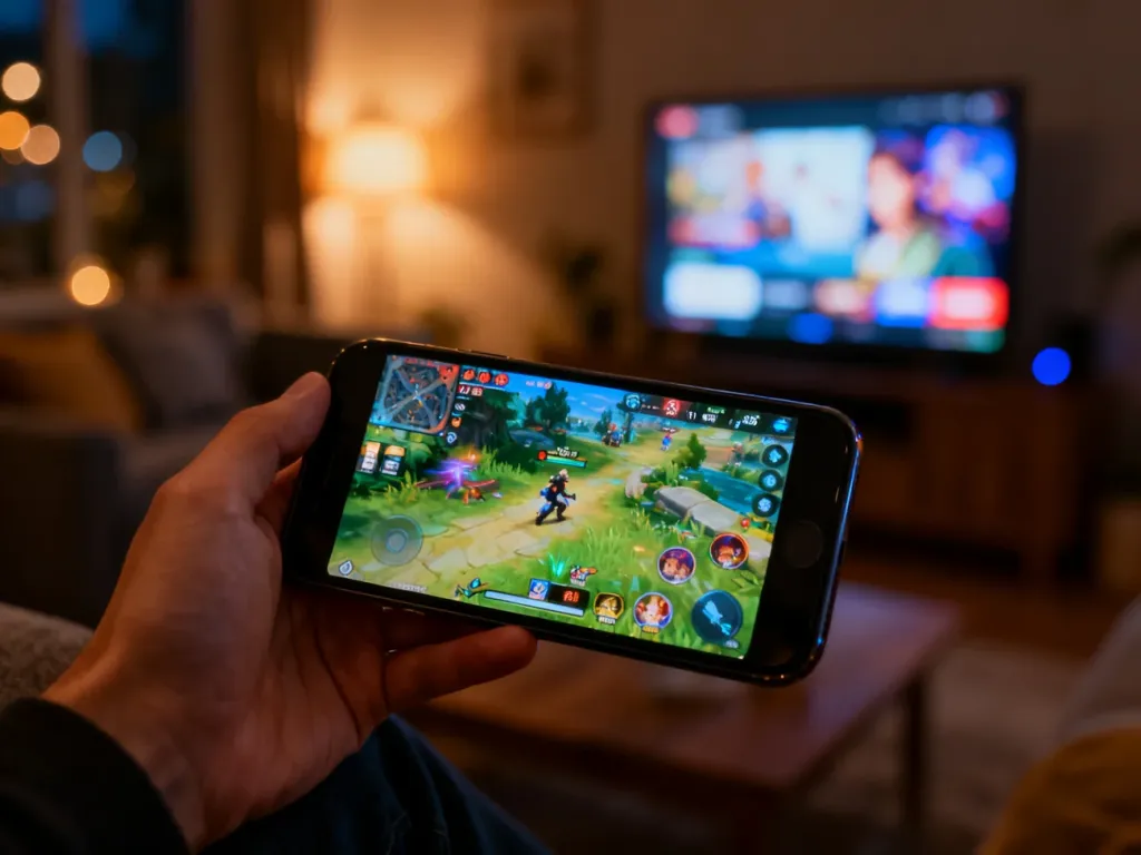 Dłoń trzymająca smartfon z uruchomioną grą mobilną w przytulnym salonie, co ilustruje korzystanie z oferty gier Netflix.