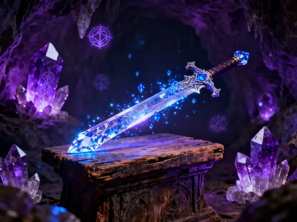 Diamentowy miecz z magicznymi efektami spoczywający na drewnianym postumencie w otoczeniu świecących kryształów.