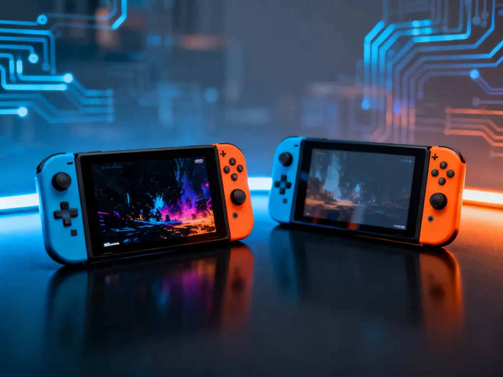 Porównanie konsol Steam Deck LCD i OLED ustawionych obok siebie na ciemnym tle, ukazujące różnice w jakości wyświetlanego obrazu.