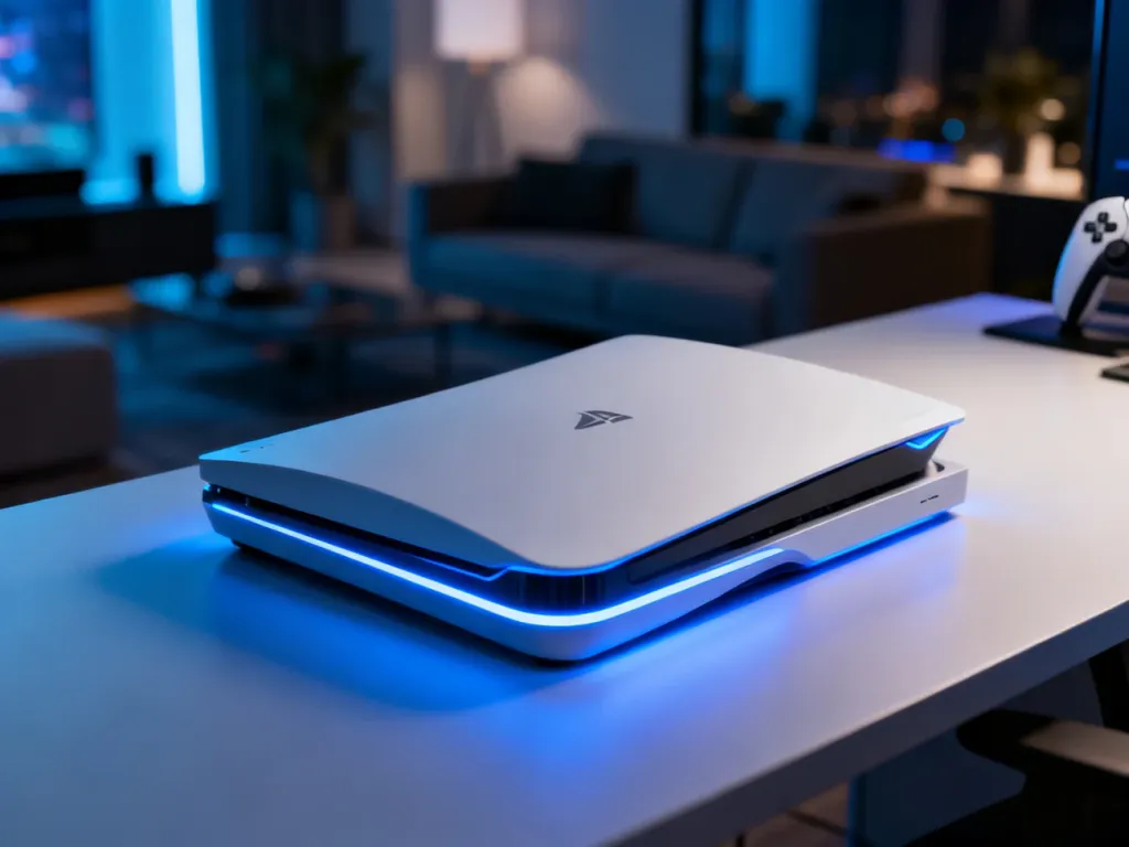 Konsola PlayStation 5 na minimalistycznym biurku, oświetlona nastrojowym niebieskim światłem LED.