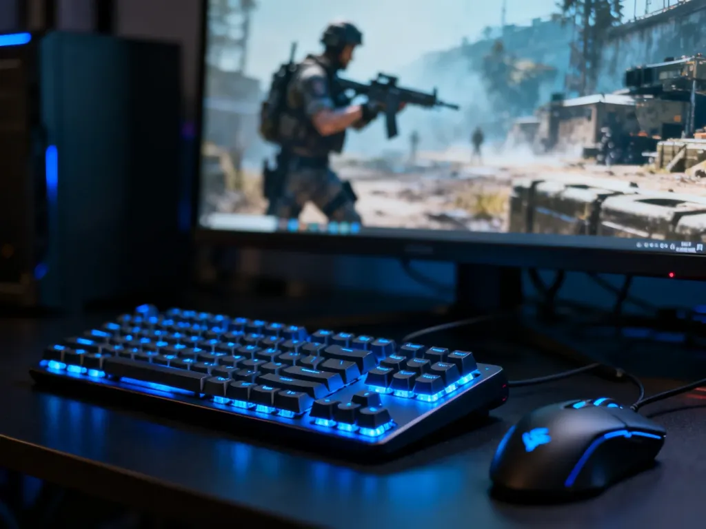 Profesjonalny zestaw gamingowy z podświetlaną klawiaturą i myszką przed monitorem z grą typu FPS.