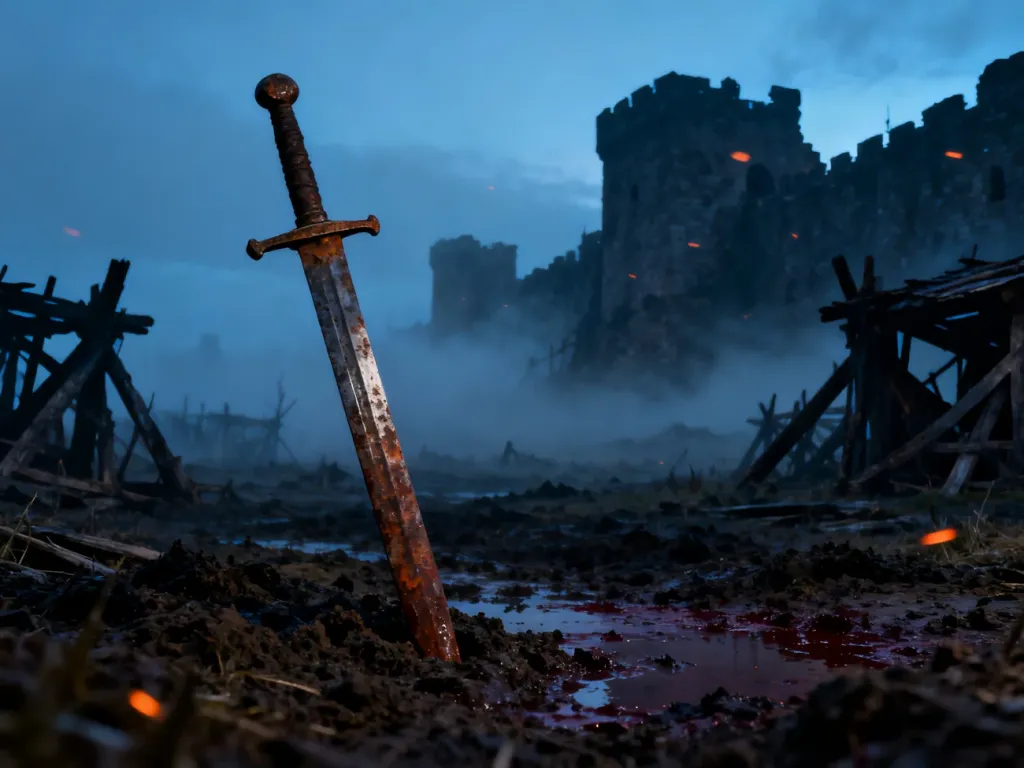 Zardzewiały miecz wbity w błotniste pole bitwy pośród mgły i ruin, oddający mroczny klimat gry Blight: Survival.