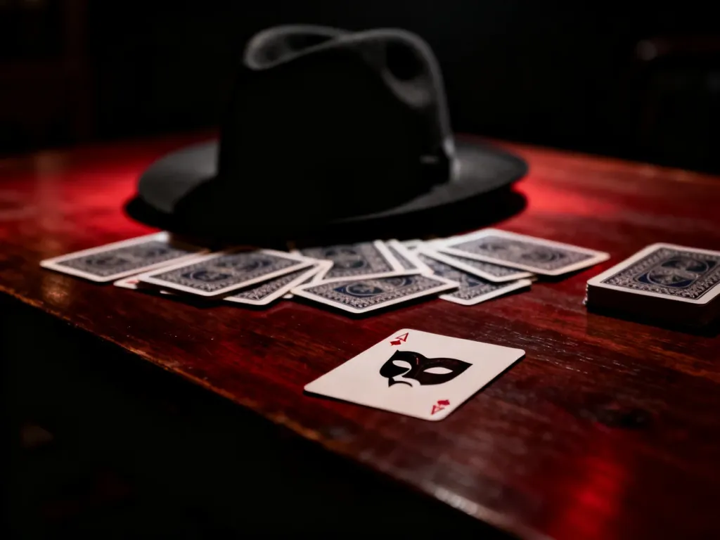 Karty do gry z symbolem maski oraz kapelusz typu fedora na ciemnym stole, wprowadzające w klimat gry Mafia.