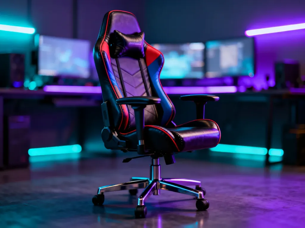 Profesjonalny fotel gamingowy o ergonomicznym kształcie w nowoczesnym pokoju z podświetleniem RGB.