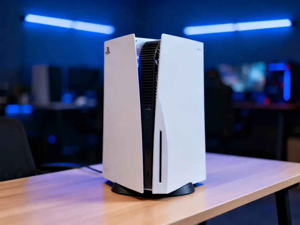 Zbliżenie na białą obudowę konsoli PlayStation 5 z widocznymi otworami wentylacyjnymi na minimalistycznym biurku.