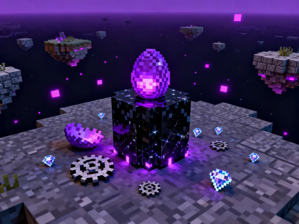 Podstawa obsydianowego filaru w wymiarze The End z porzuconym ekwipunkiem gracza po walce z Ender Dragonem.