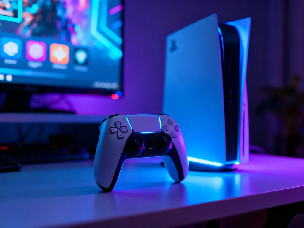 Nowoczesny kontroler do gier i konsola w pokoju z nastrojowym oświetleniem LED, gotowe do korzystania z PlayStation Network.
