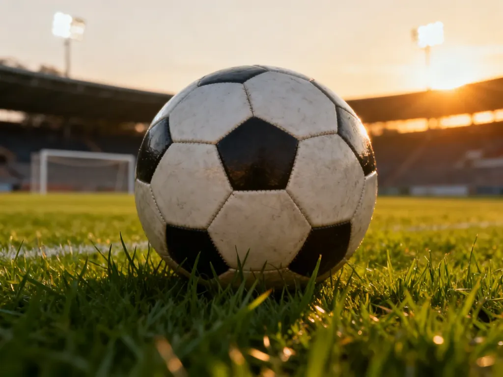 Profesjonalna piłka do socca spoczywająca na murawie stadionu w świetle zachodzącego słońca.