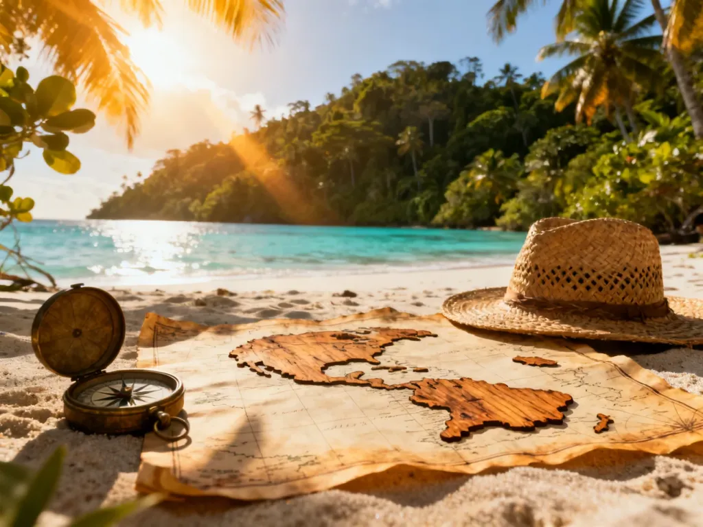 Mapa archipelagu na piaszczystej plaży z kompasem i kapeluszem na tle tropikalnej wyspy w słoneczny dzień.