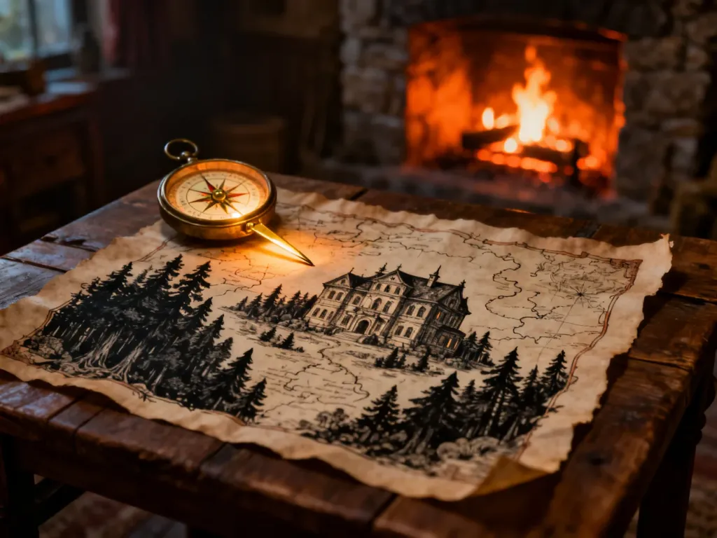 Stara mapa z rysunkiem leśnej posiadłości i świecący kompas na drewnianym stole, wskazujące drogę do Woodland Mansion.
