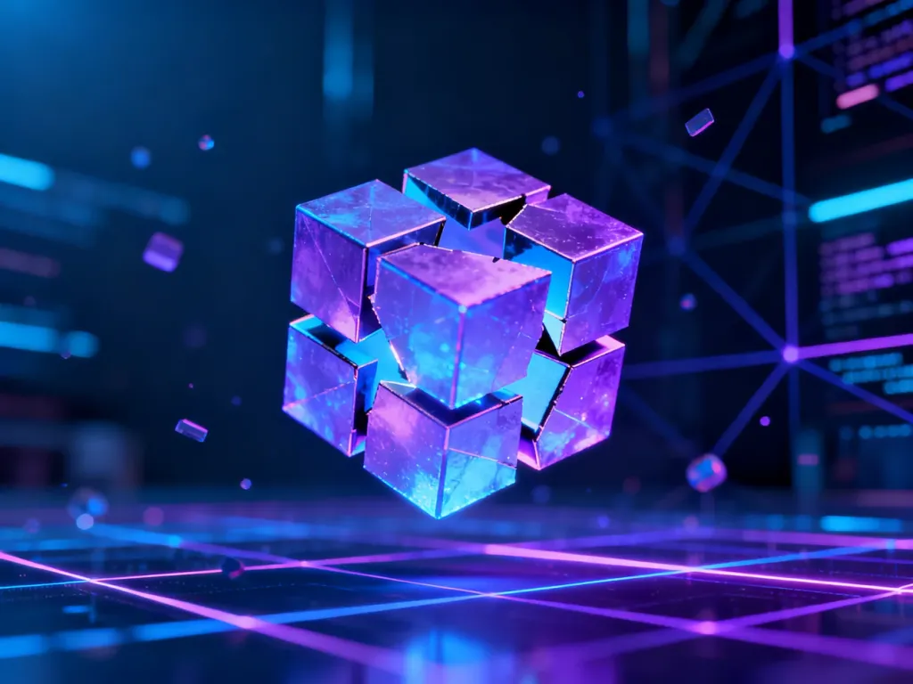 Abstrakcyjna ilustracja 3D przedstawiająca świecącą, rozłożoną na części kostkę, symbolizującą rozwiązywanie zagadek w grze.