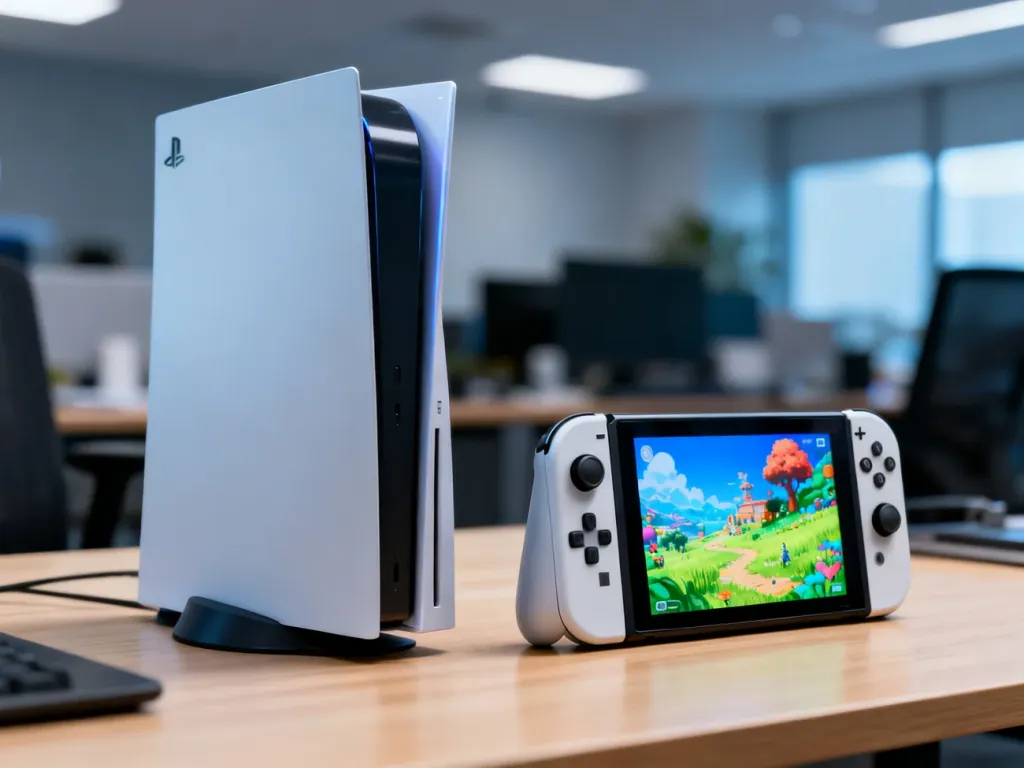 Porównanie dwóch konsol Nintendo Switch leżących obok siebie na drewnianym biurku, ukazujące różnice w ich designie.