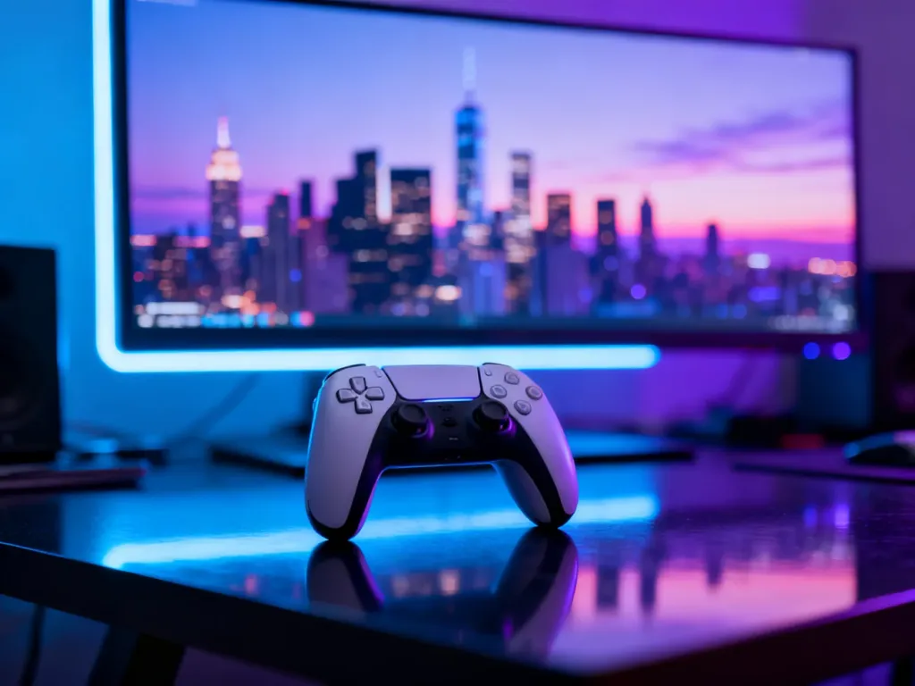 Nowoczesny kontroler na biurku przed monitorem wyświetlającym neonową panoramę miasta w klimacie GTA.