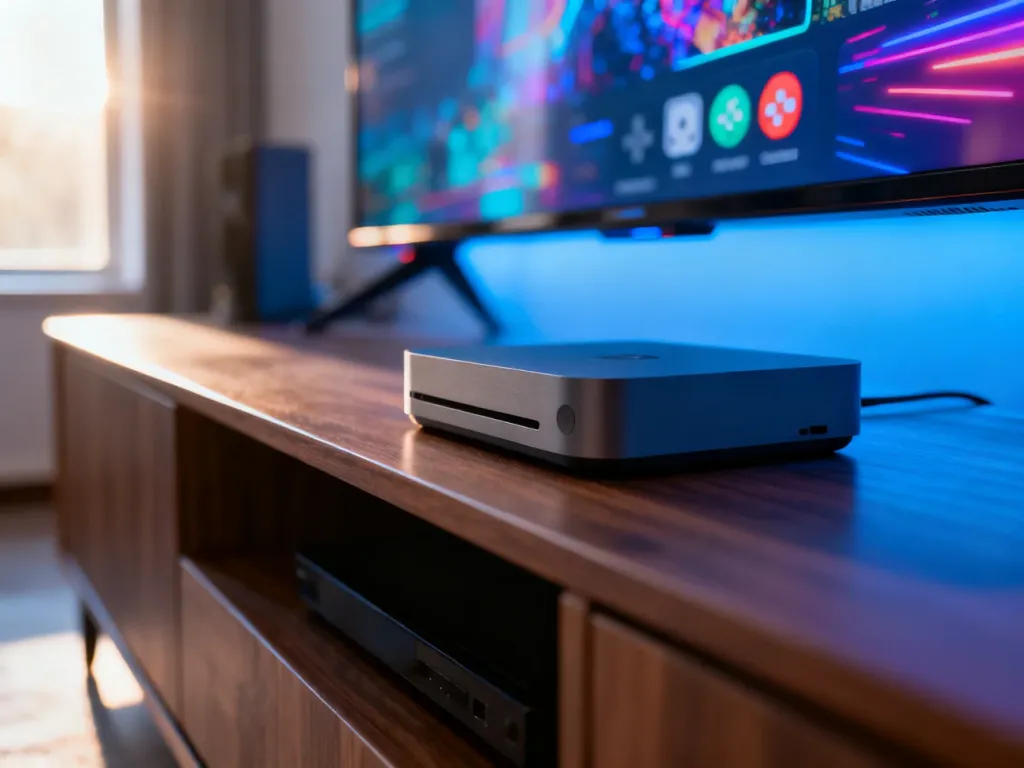 Minimalistyczna konsola PlayStation TV ustawiona na drewnianej szafce RTV w nowoczesnym wnętrzu.