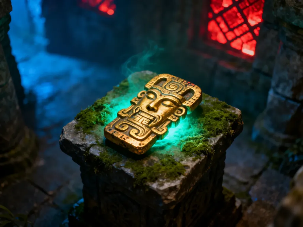 Złoty totem nieśmiertelności spoczywający na mszystym postumencie w mrocznej, starożytnej komnacie w grze Minecraft.