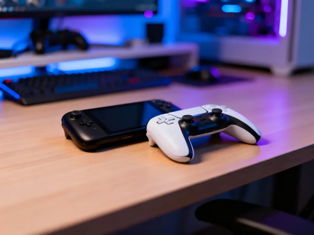 Porównanie konsol Steam Deck i Asus ROG Ally leżących obok siebie na drewnianym biurku w wieczornym oświetleniu.