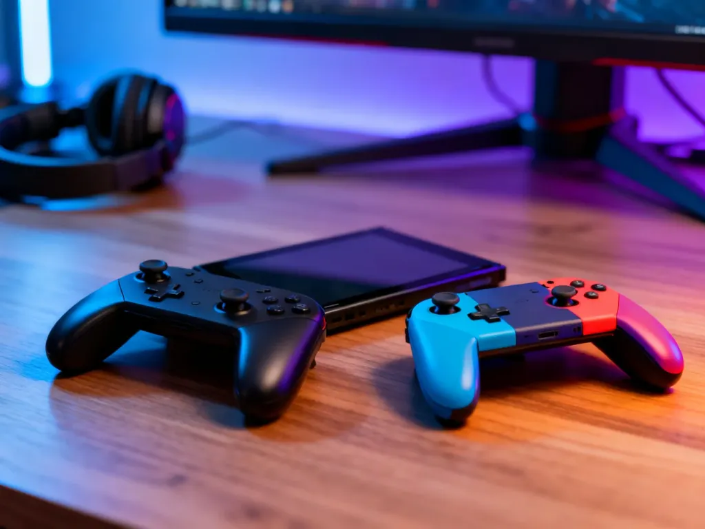 Steam Deck i Nintendo Switch leżące obok siebie na biurku, oświetlone nastrojowym światłem RGB.