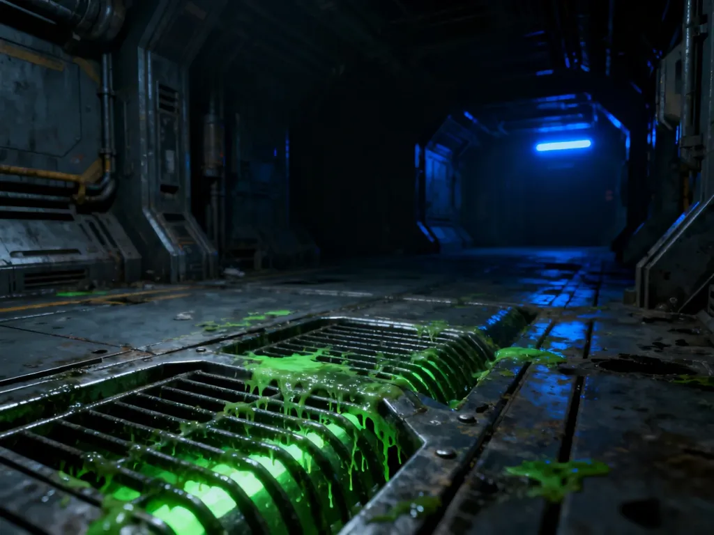 Mroczny, industrialny korytarz stacji kosmicznej z gry Aliens vs Predator, budujący napięcie w klimacie sci-fi.