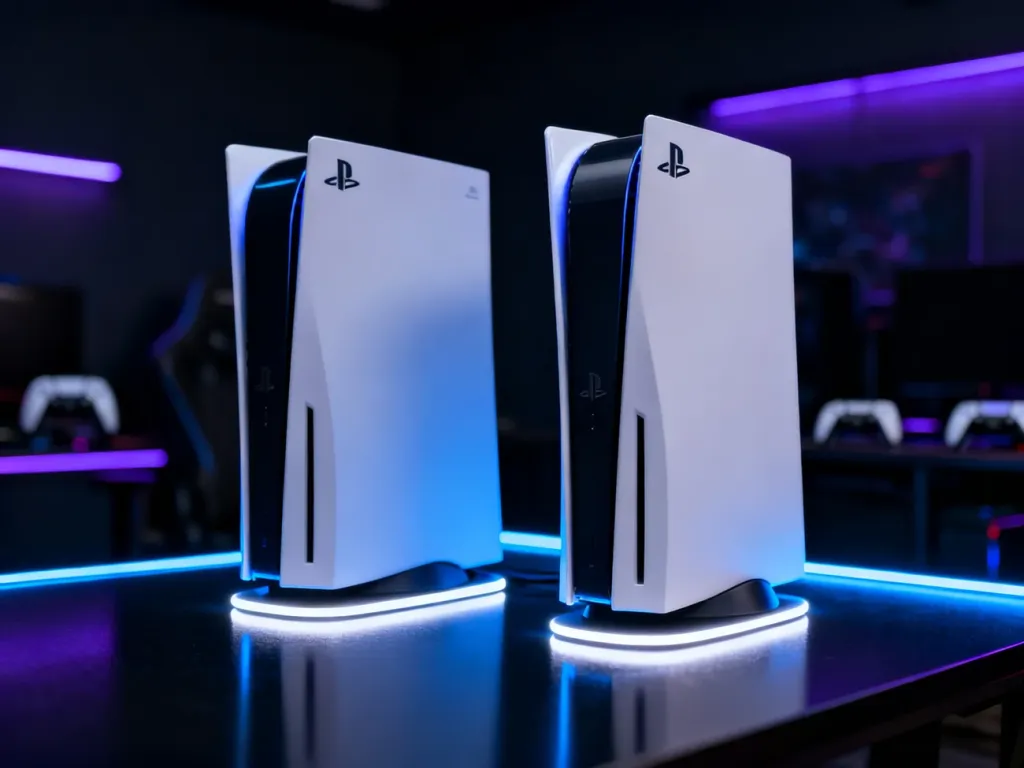 Porównanie konsol PlayStation 5 Pro i standardowej wersji PS5 ustawionych obok siebie w nowoczesnym, gamingowym oświetleniu.