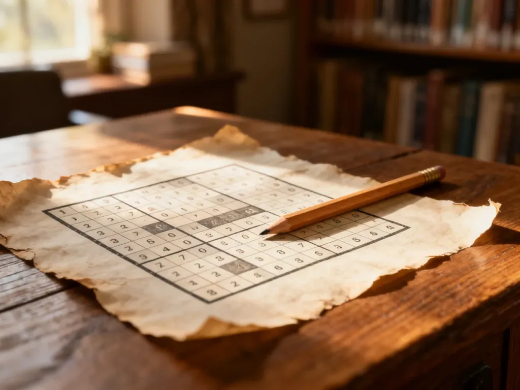 Klasyczna łamigłówka Sudoku na pergaminie z ołówkiem, leżąca na drewnianym biurku w przytulnym, słonecznym wnętrzu biblioteki.