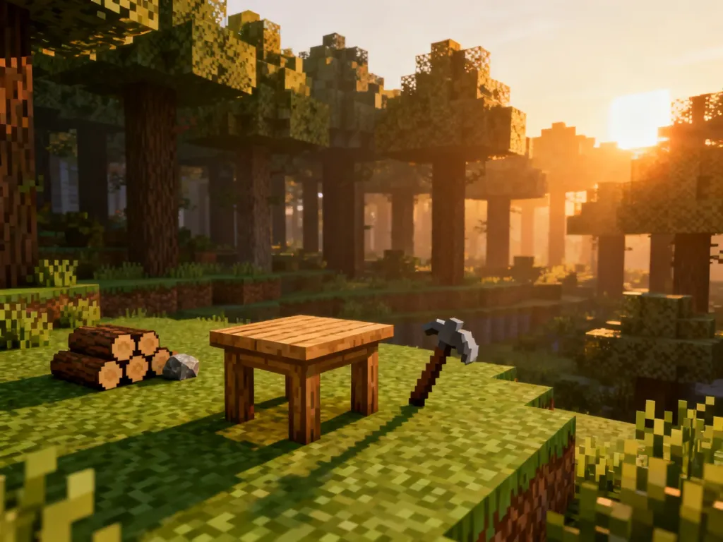 Stół rzemieślniczy, drewno i kilof w lesie o wschodzie słońca – początek przygody w trybie survival w Minecraft.