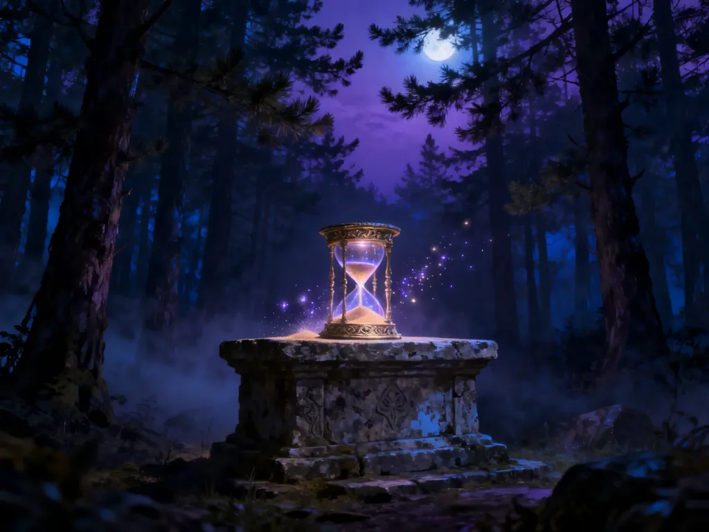 Kamienny ołtarz z magiczną klepsydrą w mrocznym lesie, symbolizujący upływ czasu w klimacie fantasy.