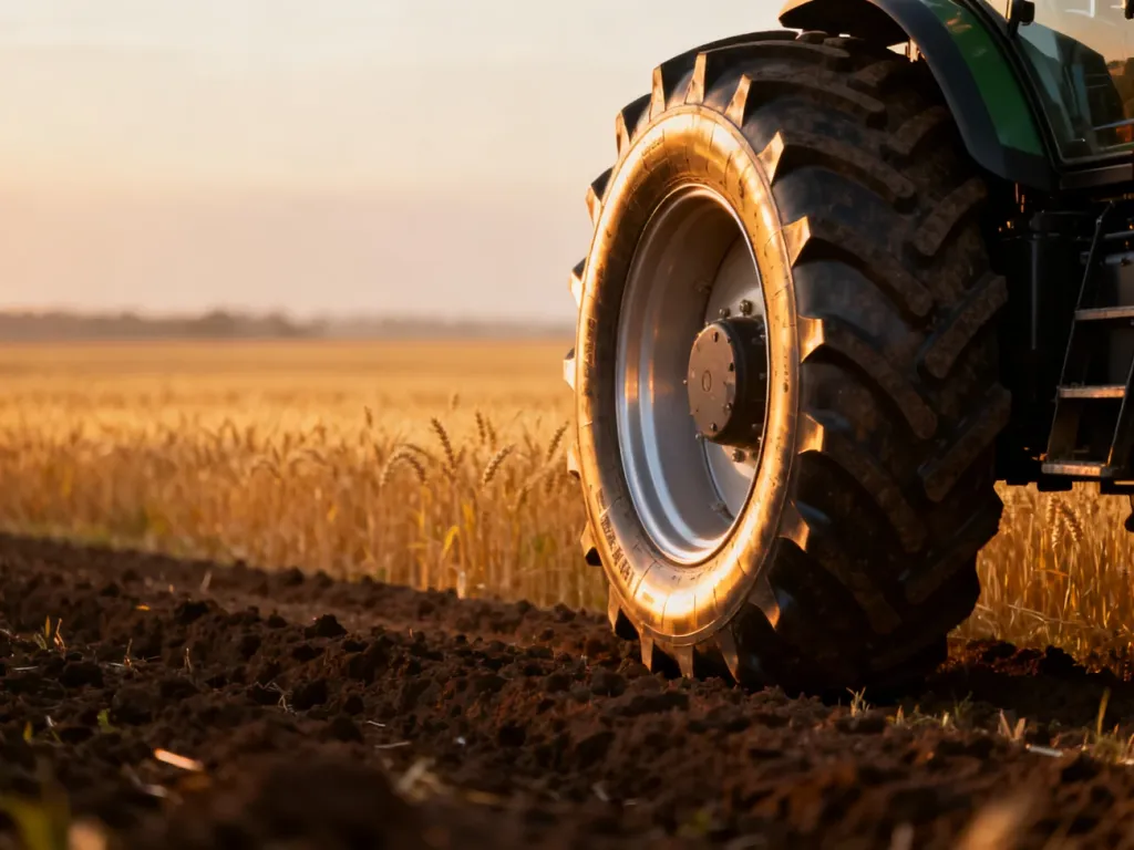Nowoczesny ciągnik na tle pola pszenicy podczas zachodu słońca, zapowiadający premierę Farming Simulator 25.