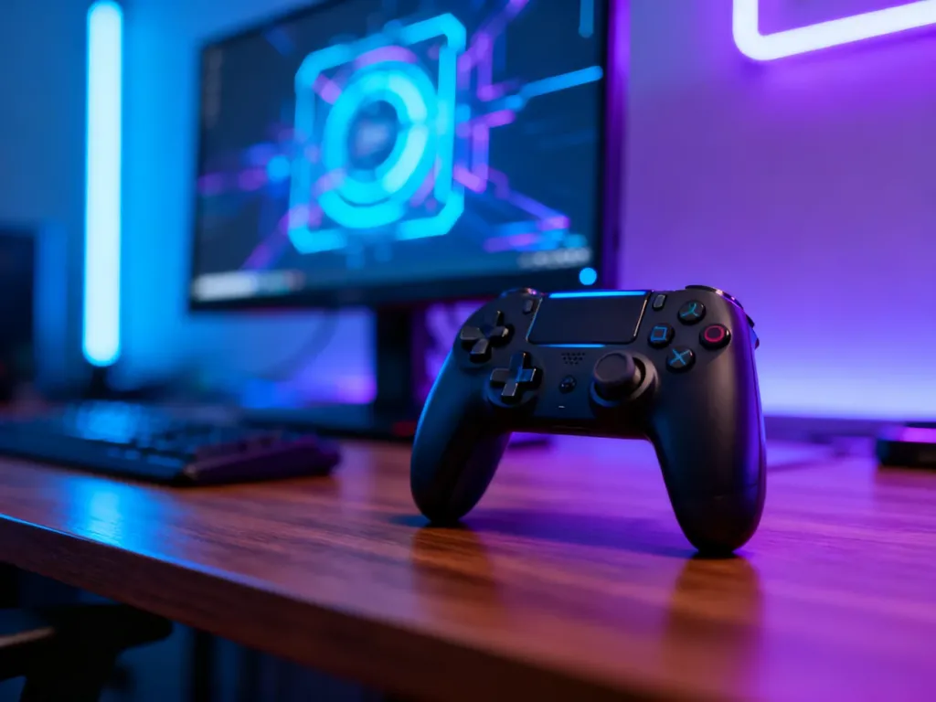 Nowoczesny kontroler do gier na biurku z podświetlanym monitorem w tle, tworzący klimatyczną atmosferę gamingu.