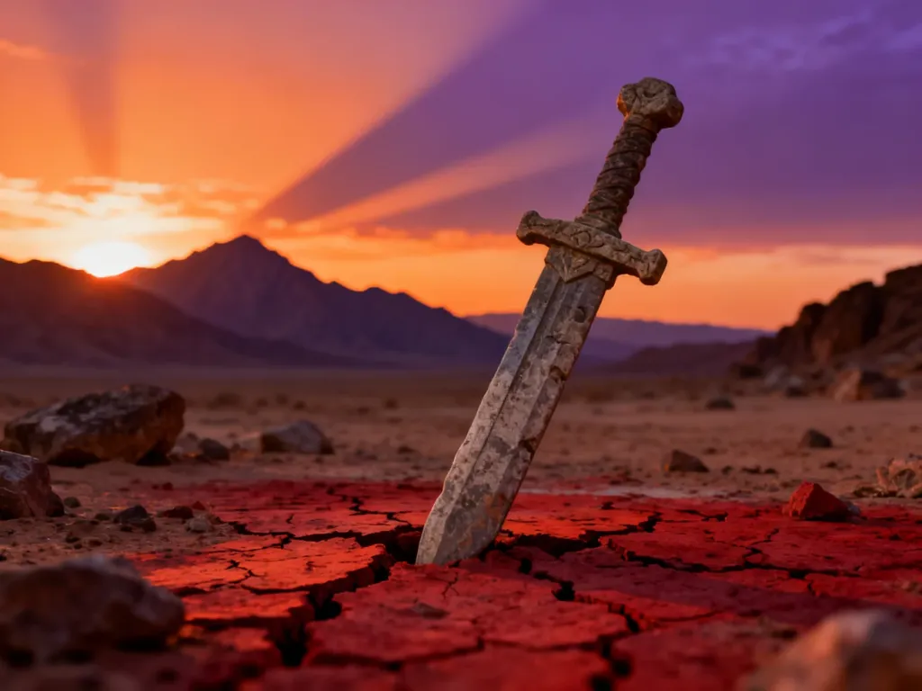 Starożytny miecz wbity w spękaną, czerwoną ziemię na tle pustynnego krajobrazu o zachodzie słońca w grze Crimson Desert.